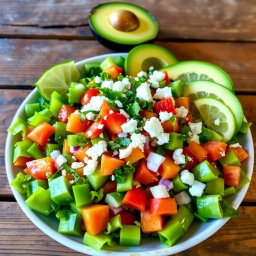 A vibrant and colorful dish of Ensalada de Nopales, showcasing fresh nopales (cactus pads) diced and mixed with juicy tomatoes, onions, cilantro, and crumbled queso fresco