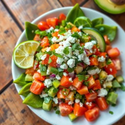 A vibrant and colorful dish of Ensalada de Nopales, showcasing fresh nopales (cactus pads) diced and mixed with juicy tomatoes, onions, cilantro, and crumbled queso fresco