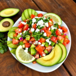 A vibrant and colorful dish of Ensalada de Nopales, showcasing fresh nopales (cactus pads) diced and mixed with juicy tomatoes, onions, cilantro, and crumbled queso fresco