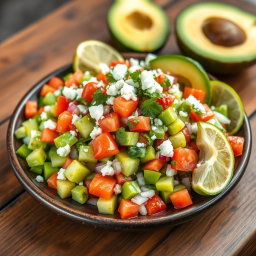 A vibrant and colorful dish of Ensalada de Nopales, showcasing fresh nopales (cactus pads) diced and mixed with juicy tomatoes, onions, cilantro, and crumbled queso fresco