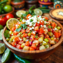 A vibrant and colorful salad featuring nopales (cactus paddles) as the main ingredient