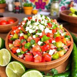 A vibrant and colorful salad featuring nopales (cactus paddles) as the main ingredient