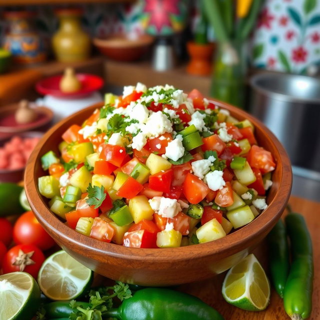 A vibrant and colorful salad featuring nopales (cactus paddles) as the main ingredient