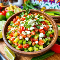 A vibrant and colorful salad featuring nopales (cactus paddles) as the main ingredient