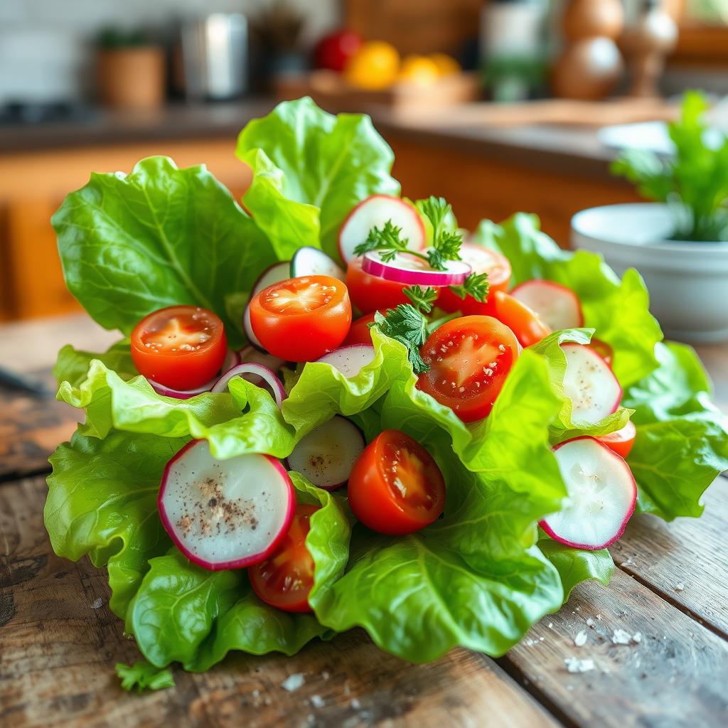 A vibrant and fresh lamb's lettuce salad, beautifully arranged on a rustic wooden table