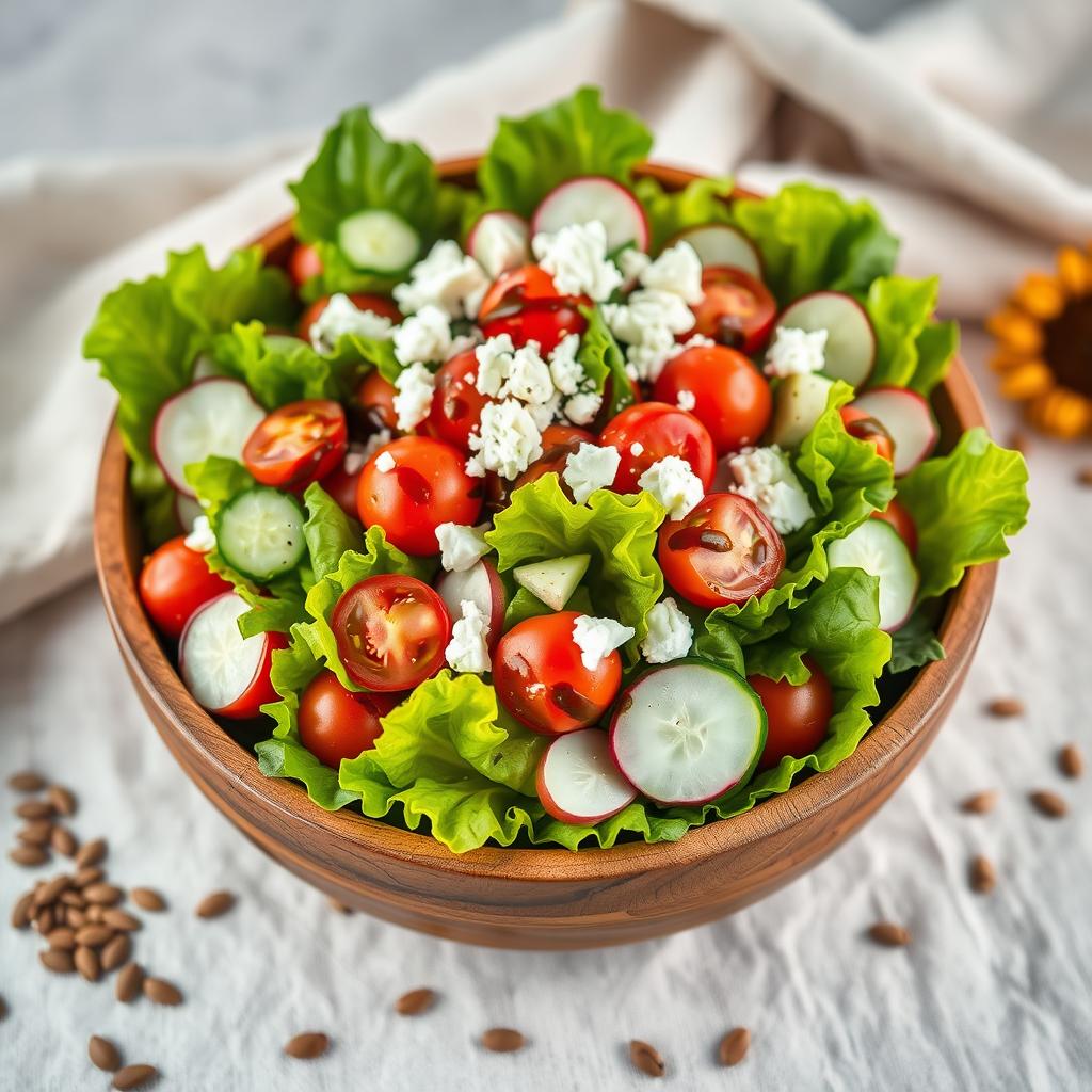A vibrant and fresh lamb's lettuce salad beautifully arranged in a rustic wooden bowl