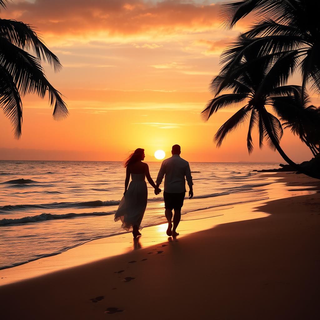 A serene sunset over a tranquil beach, with golden sandy shores and gentle waves lapping at the water's edge