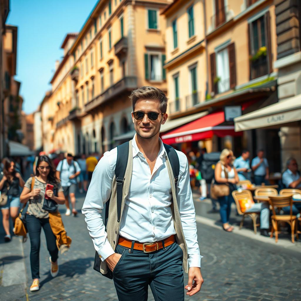 A candid street photograph capturing a man styled in contemporary fashion, casually walking through the picturesque streets of Rome, Italy