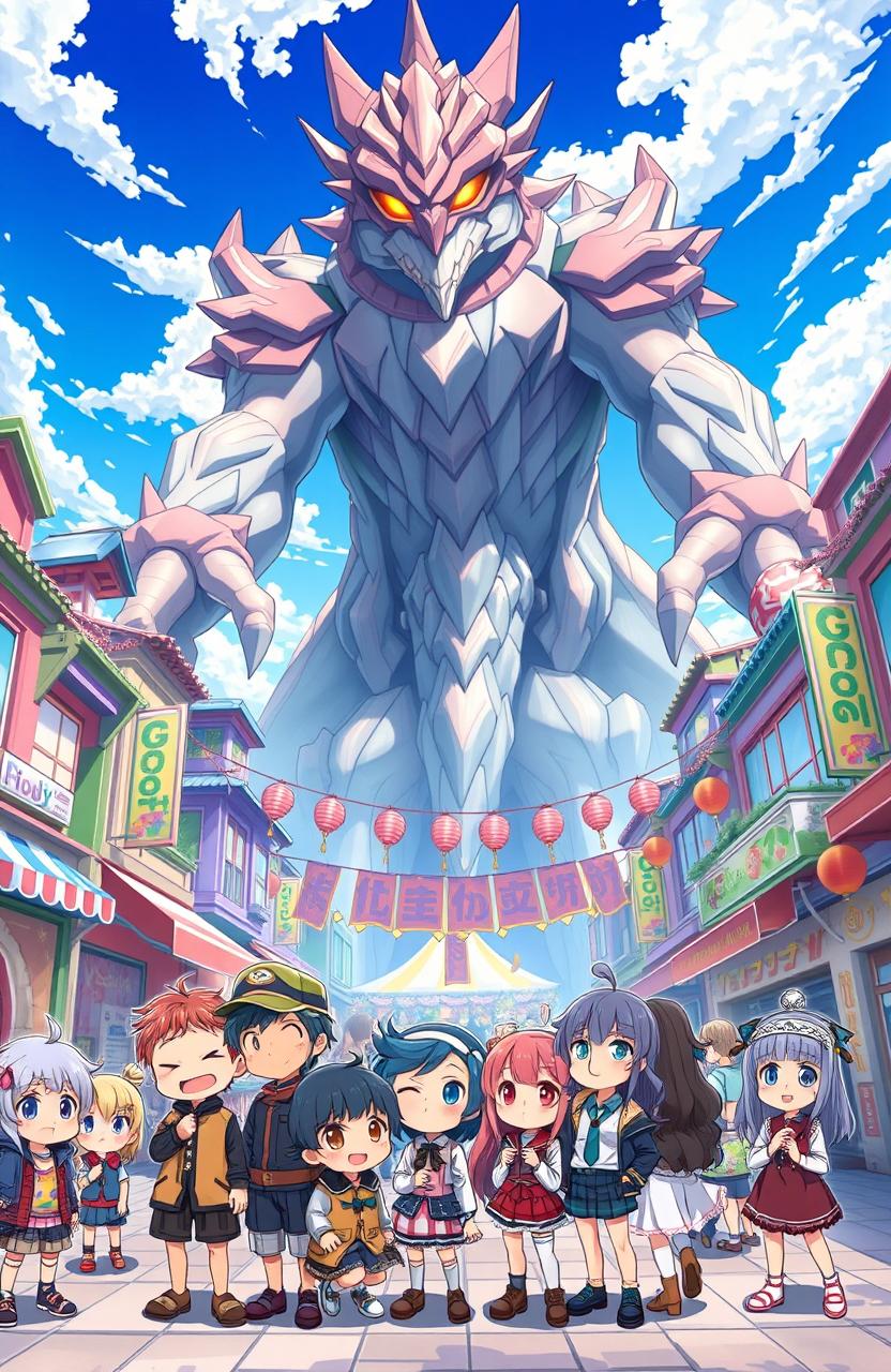 A vibrant and fantastical scene depicting a group of quirky, Class D tier anime characters gathered in a bustling city square filled with colorful buildings, lively shops, and a festival atmosphere
