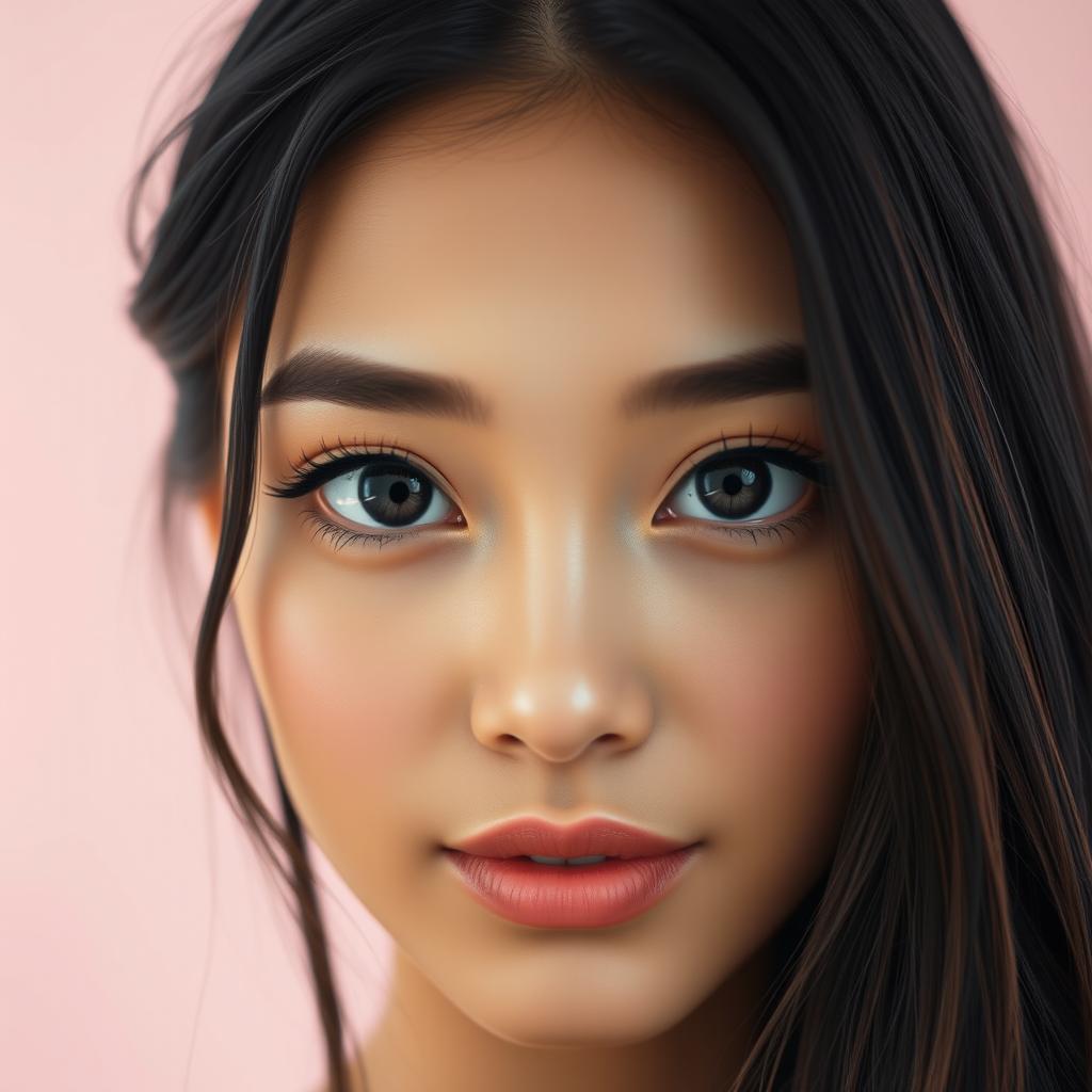 A close-up portrait of an attractive young woman with distinct double eyelids, showcasing her large, expressive eyes