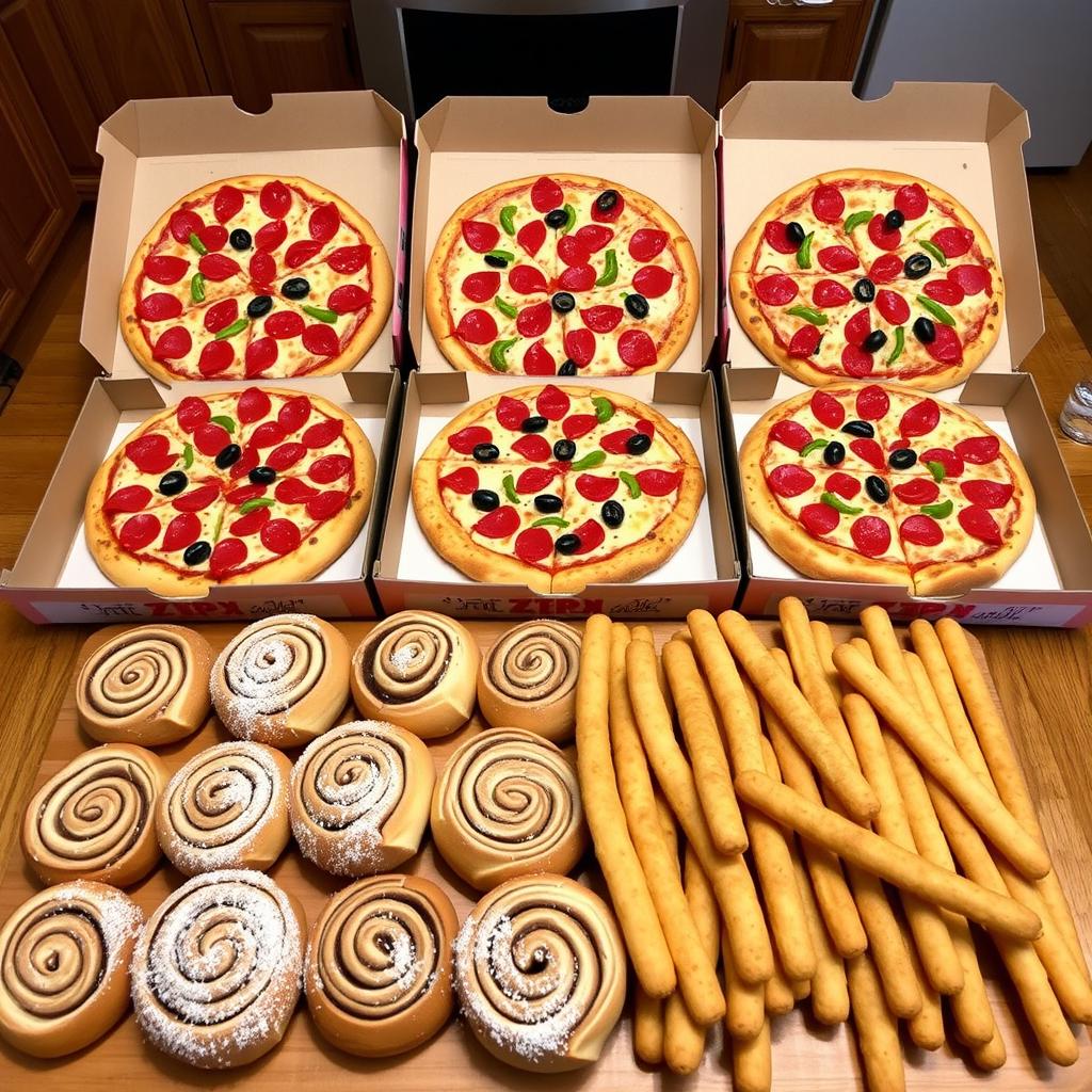 A colorful and delicious display of three pizza boxes, each filled with identical toppings: pepperoni, green peppers, and olives, arranged neatly