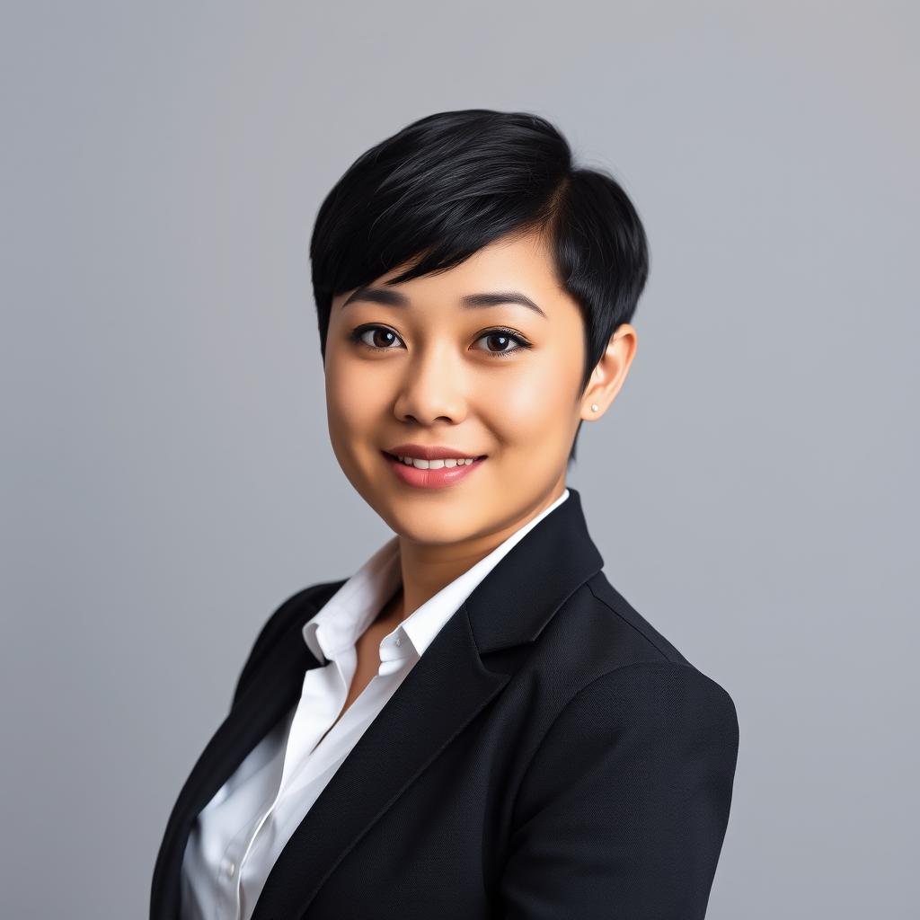 A well-composed, formal passport size photo featuring a professionally dressed individual