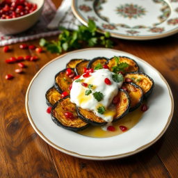 An enticing and colorful plate of Borani Banjan, a traditional Afghan eggplant dish