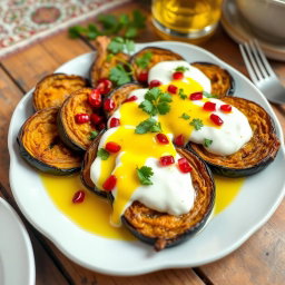 An enticing and colorful plate of Borani Banjan, a traditional Afghan eggplant dish