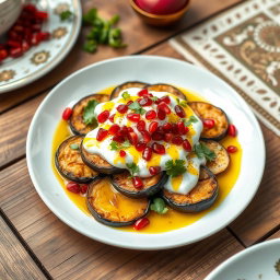 An enticing and colorful plate of Borani Banjan, a traditional Afghan eggplant dish