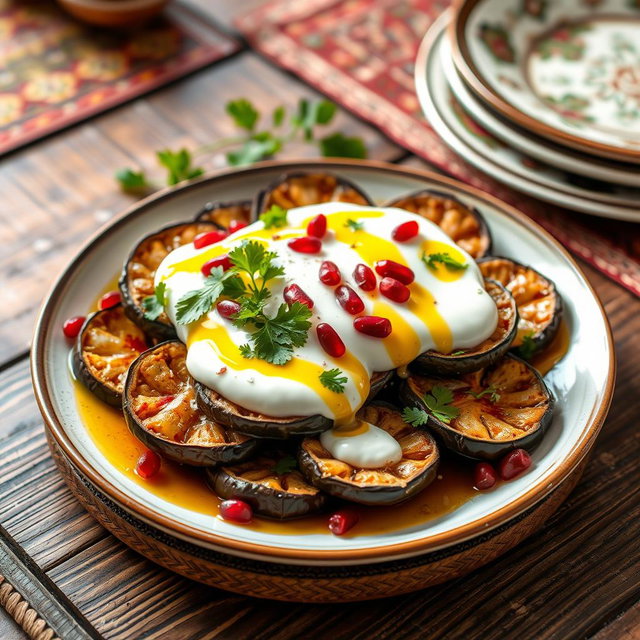 An enticing and colorful plate of Borani Banjan, a traditional Afghan eggplant dish