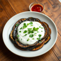 A beautifully arranged plate of Borani Banjan, a traditional Afghan dish, featuring layers of roasted eggplant topped with a rich garlic-yogurt sauce and garnished with fresh herbs