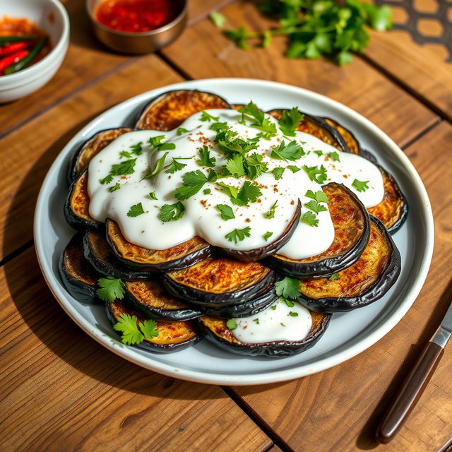 A beautifully arranged plate of Borani Banjan, a traditional Afghan dish, featuring layers of roasted eggplant topped with a rich garlic-yogurt sauce and garnished with fresh herbs