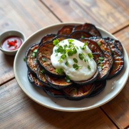 A beautifully arranged plate of Borani Banjan, a traditional Afghan dish, featuring layers of roasted eggplant topped with a rich garlic-yogurt sauce and garnished with fresh herbs