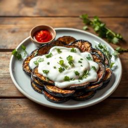 A beautifully arranged plate of Borani Banjan, a traditional Afghan dish, featuring layers of roasted eggplant topped with a rich garlic-yogurt sauce and garnished with fresh herbs