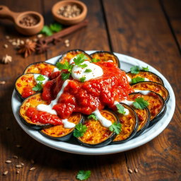 A vibrant, colorful platter of Borani Banjan, a traditional Persian eggplant dish, featuring beautifully caramelized eggplant slices topped with a rich, red tomato sauce