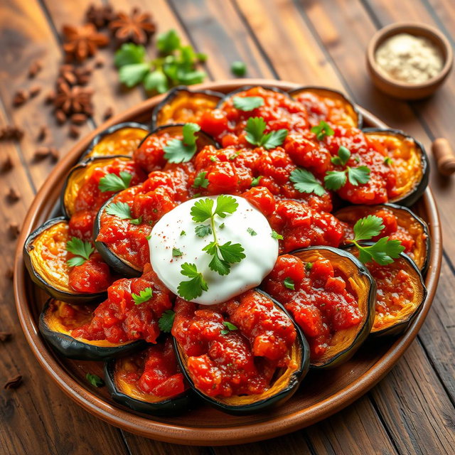 A vibrant, colorful platter of Borani Banjan, a traditional Persian eggplant dish, featuring beautifully caramelized eggplant slices topped with a rich, red tomato sauce