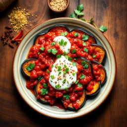 A vibrant, colorful platter of Borani Banjan, a traditional Persian eggplant dish, featuring beautifully caramelized eggplant slices topped with a rich, red tomato sauce