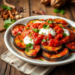 A vibrant, colorful platter of Borani Banjan, a traditional Persian eggplant dish, featuring beautifully caramelized eggplant slices topped with a rich, red tomato sauce
