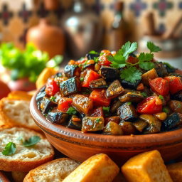 A vibrant and colorful dish of Zaalouk, a Moroccan eggplant salad