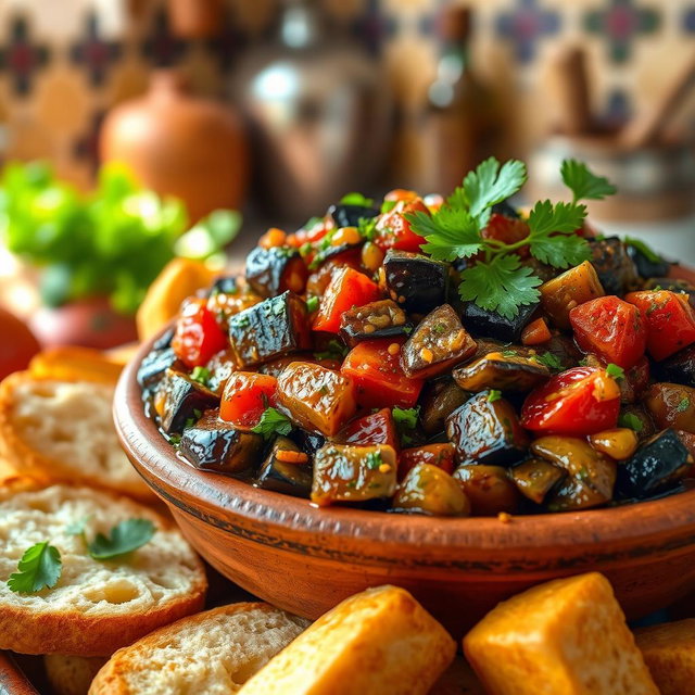 A vibrant and colorful dish of Zaalouk, a Moroccan eggplant salad
