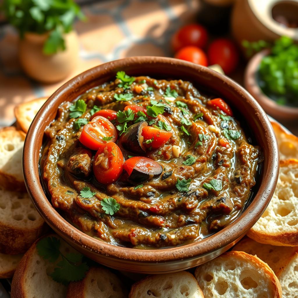 A vibrant and colorful dish of Zaalouk, a Moroccan eggplant salad