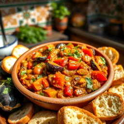 A vibrant and colorful dish of Zaalouk, a Moroccan eggplant salad
