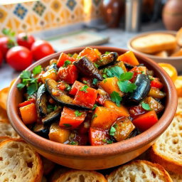 A vibrant and colorful dish of Zaalouk, a Moroccan eggplant salad