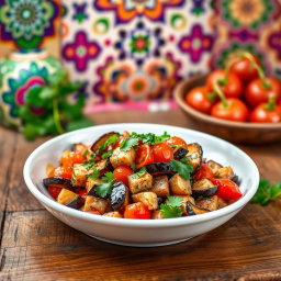A vibrant, colorful dish of Zaalouk, Moroccan eggplant salad, beautifully presented
