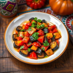 A vibrant, colorful dish of Zaalouk, Moroccan eggplant salad, beautifully presented