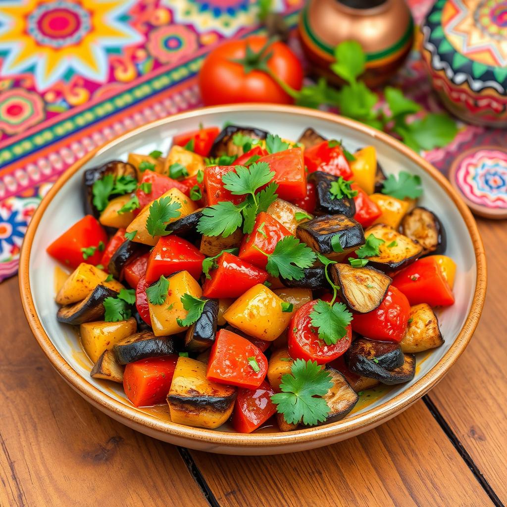 A vibrant, colorful dish of Zaalouk, Moroccan eggplant salad, beautifully presented