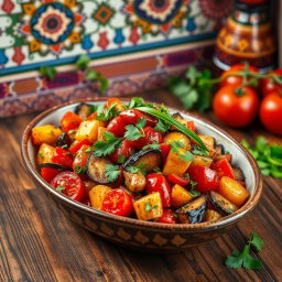 A vibrant, colorful dish of Zaalouk, Moroccan eggplant salad, beautifully presented