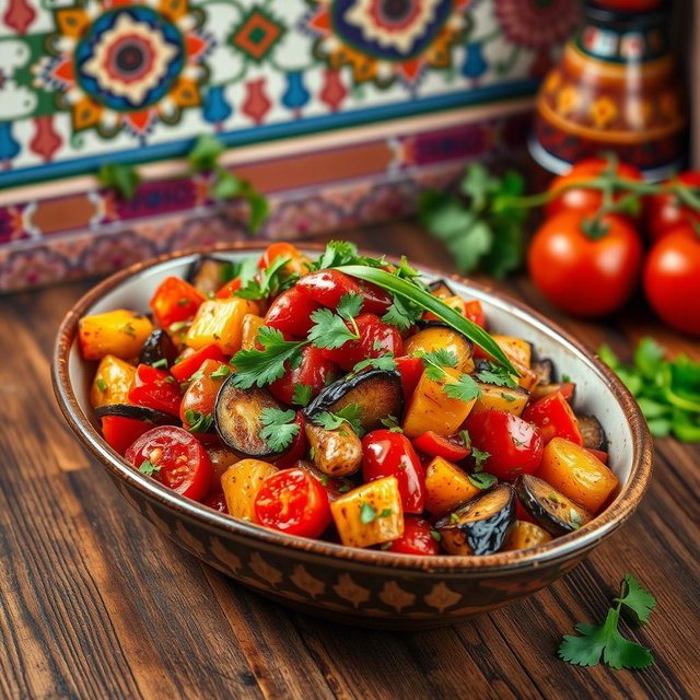 A vibrant, colorful dish of Zaalouk, Moroccan eggplant salad, beautifully presented