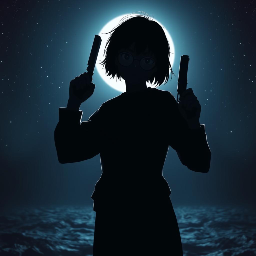 A shadowy silhouette of a boyish girl with short hair, wearing glasses, stands determined and poised for battle
