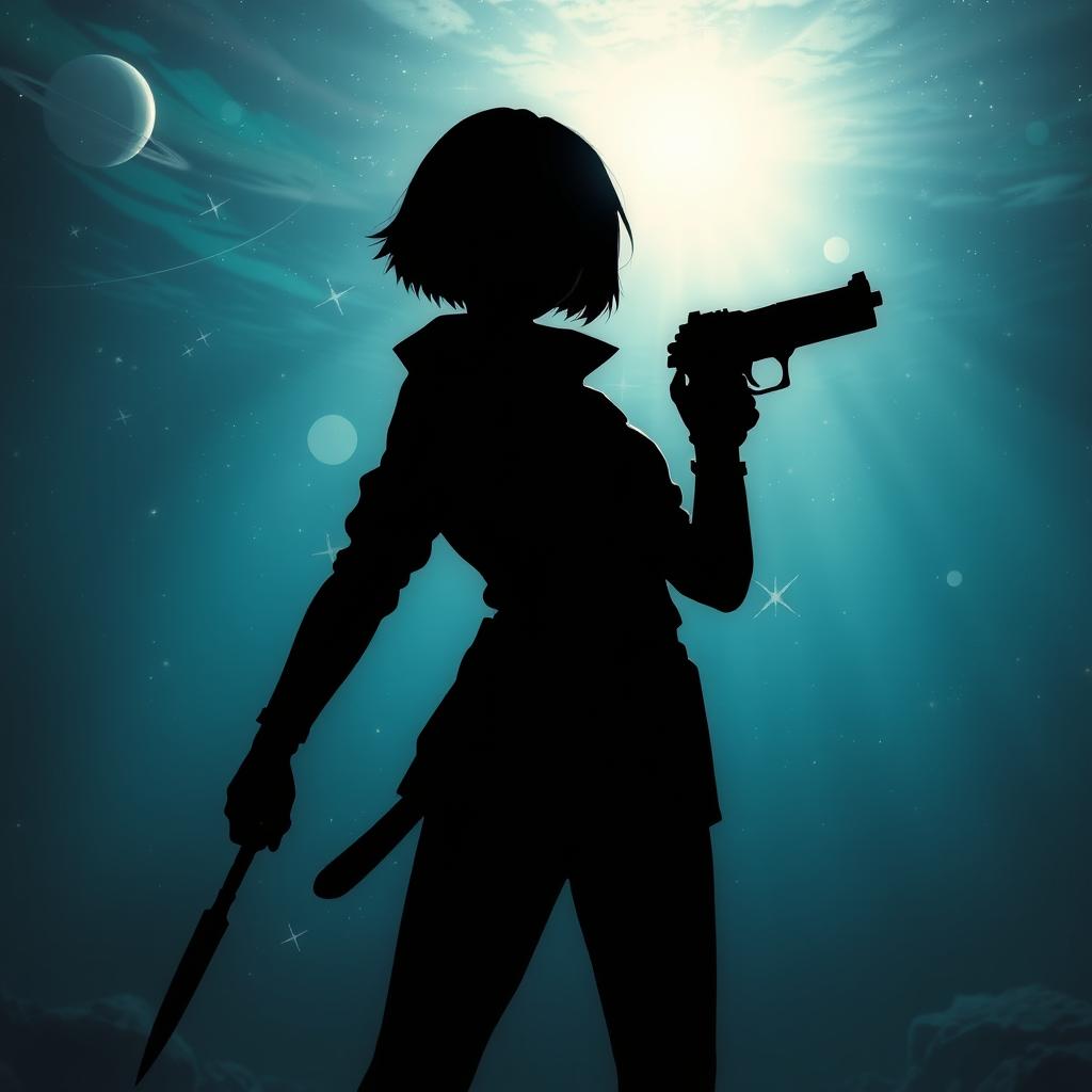 A shadowy figure of a boyish girl with short hair and glasses, standing poised for battle