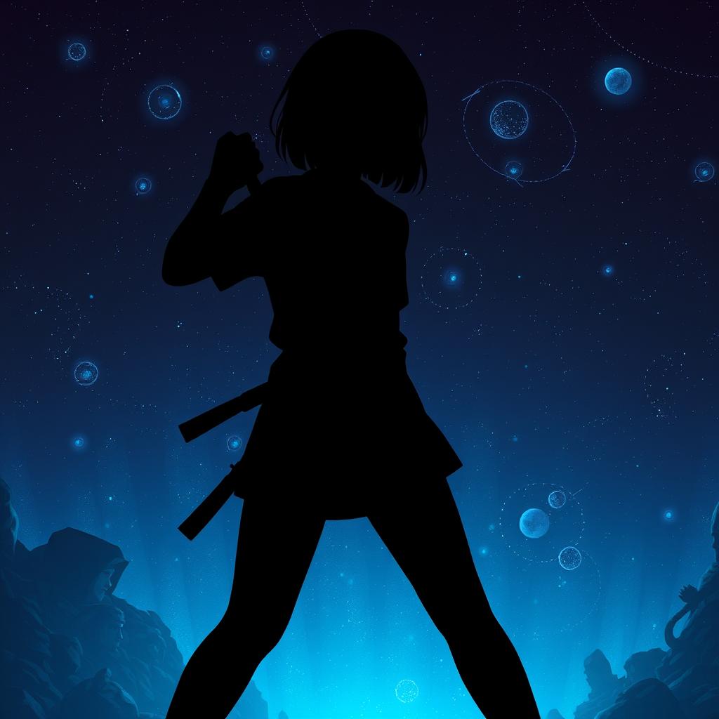A shadowy figure of a boyish girl with short hair and glasses, standing in a fighter's stance, poised to attack
