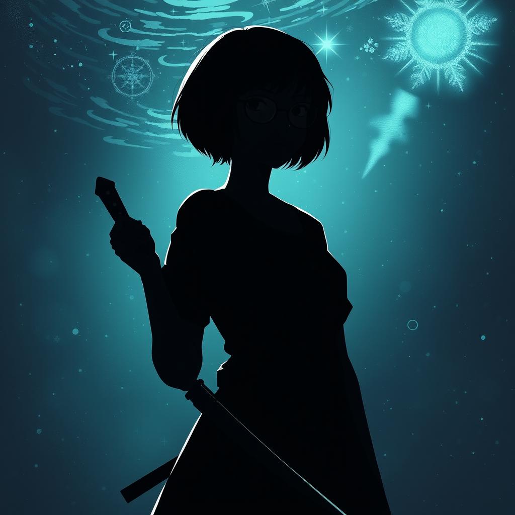 A shadowy figure of a boyish girl with short hair and glasses, standing confidently yet calmly, conveying a sense of resolve rather than aggression