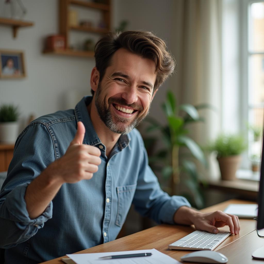 A satisfied customer sitting at a computer, radiating happiness and contentment