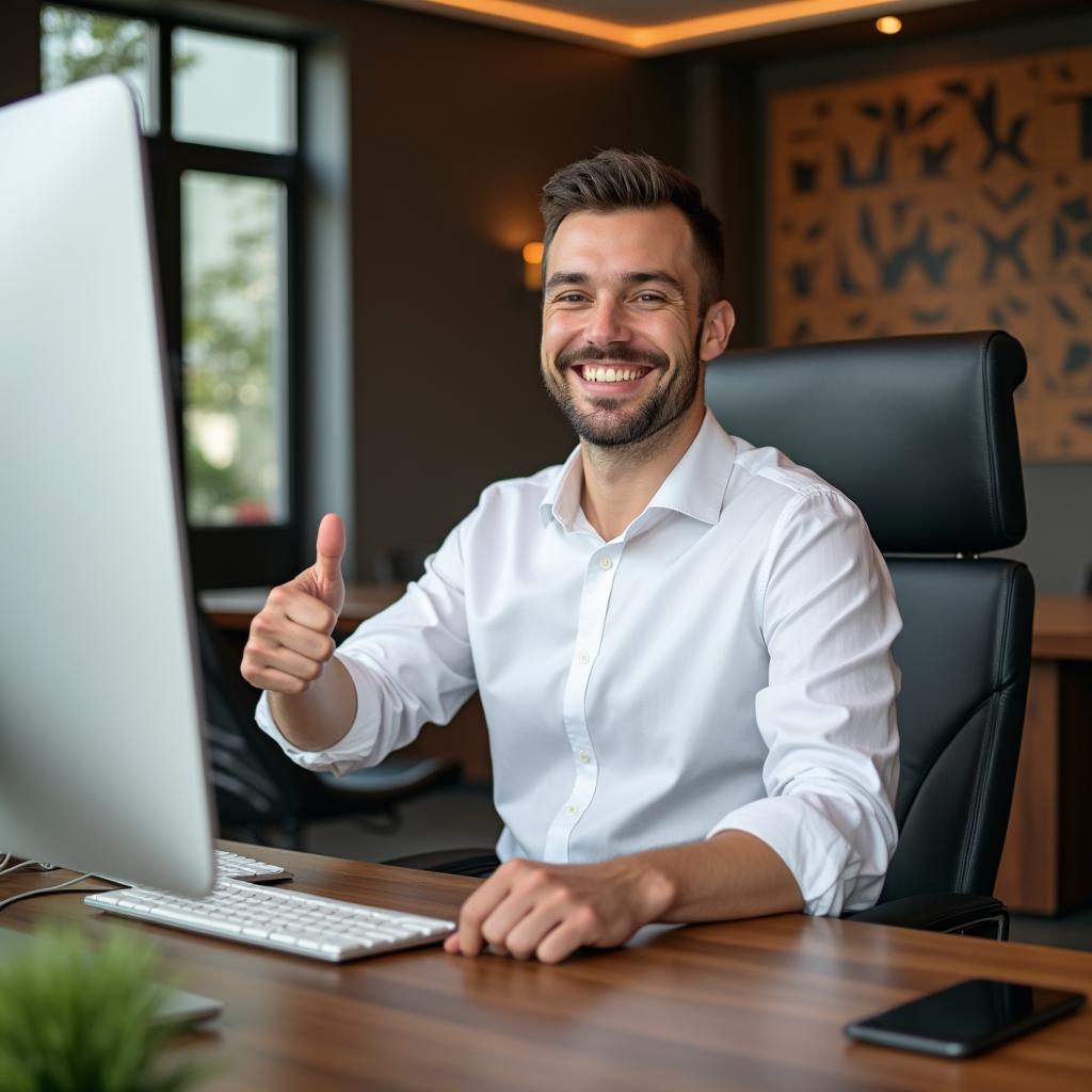 A satisfied customer sitting at a computer in an elegant office, radiating happiness with a thumbs up gesture