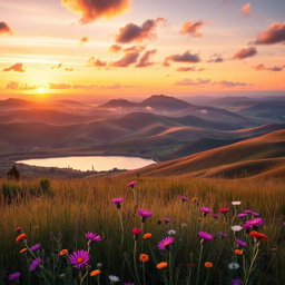 A stunning portrait photograph in 4K resolution, featuring an ethereal landscape with rolling hills and a vibrant sunset