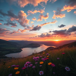A stunning portrait photograph in 4K resolution, featuring an ethereal landscape with rolling hills and a vibrant sunset