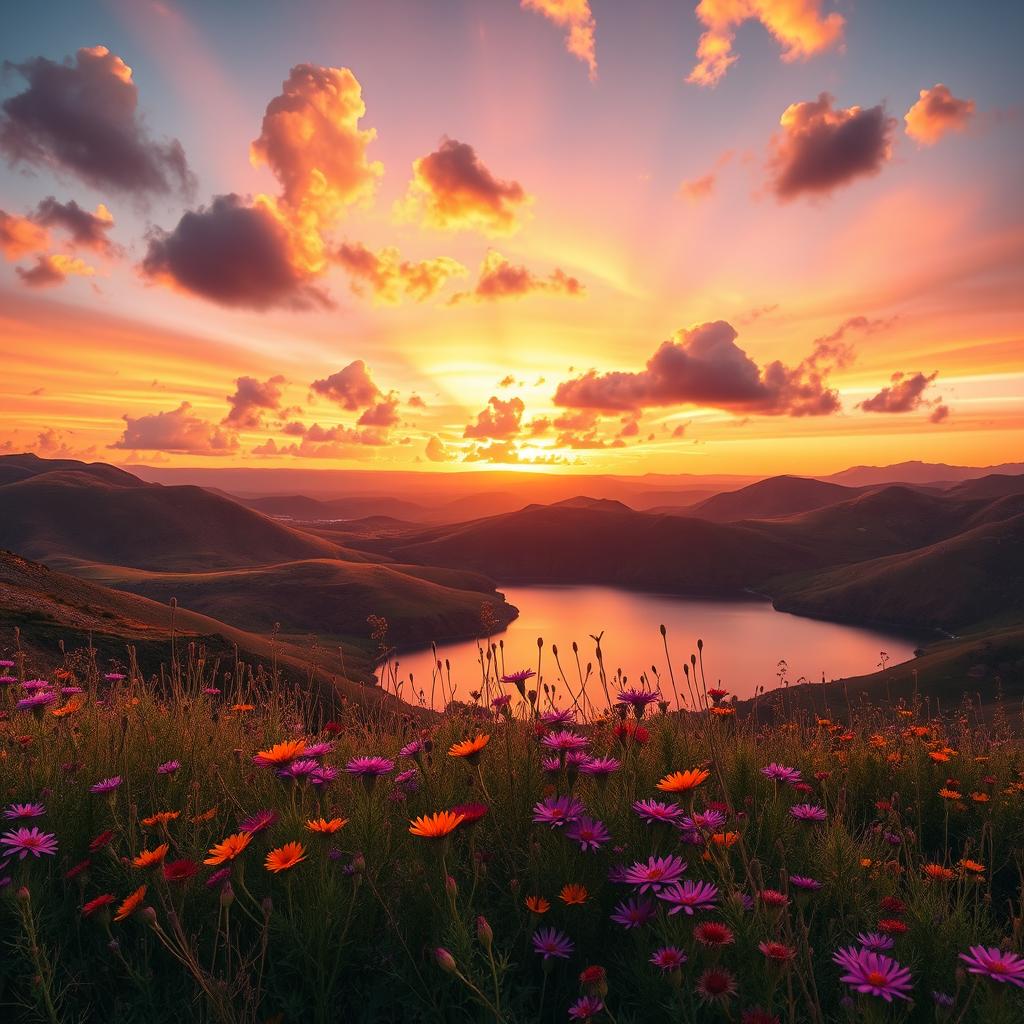 A stunning portrait photograph in 4K resolution, featuring an ethereal landscape with rolling hills and a vibrant sunset