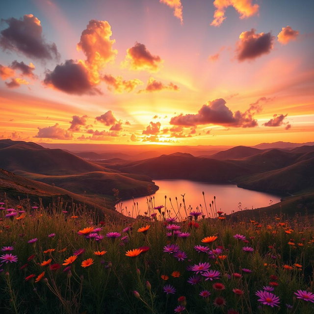 A stunning portrait photograph in 4K resolution, featuring an ethereal landscape with rolling hills and a vibrant sunset
