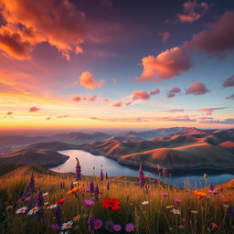 A stunning portrait photograph in 4K resolution, featuring an ethereal landscape with rolling hills and a vibrant sunset