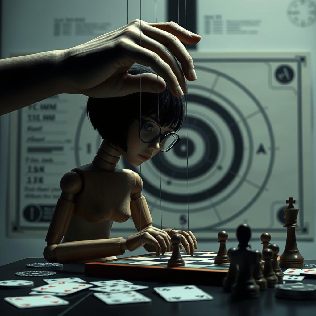 A shadowy figure of a boyish girl with short hair and glasses, resembling a wooden puppet manipulated by a large, ethereal hand above her, controlling her movements with strings